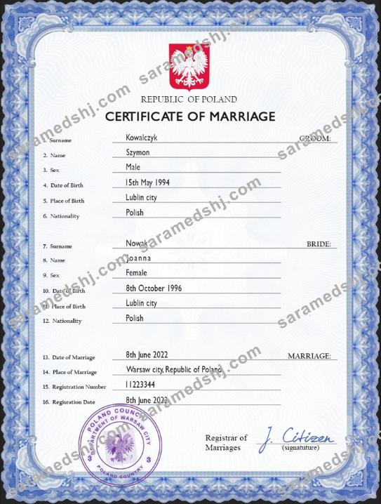 Poland marriage certificate PSD template
